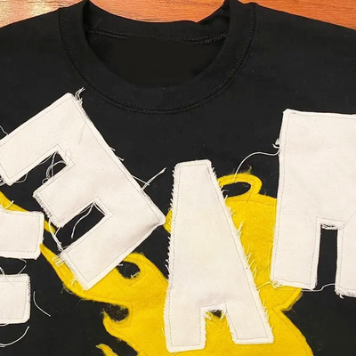 Applique Letter Embroidered Black Streetwear Graphic Tees Distressed Vintage T Shirt