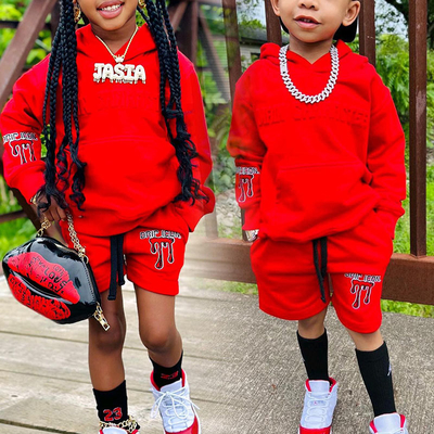 Customizable Logo Puff Print Children Clothing Sets Pullover Hoodies Kids Jogging Suit