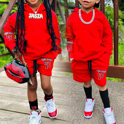 Customizable Logo Puff Print Children Clothing Sets Pullover Hoodies Kids Jogging Suit