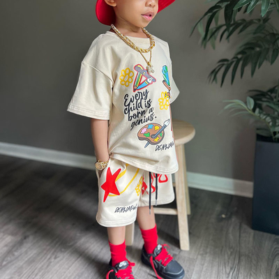 OEM Service Kids Two Piece Shorts Set Screen Printing T Shirt And Short Set