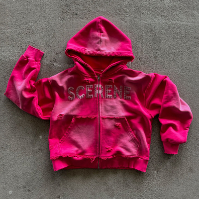 Acid Wash Vintage Sun Faded Streetwear Rhinestone Hoodie Custom Logo