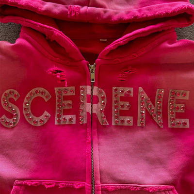 Acid Wash Vintage Sun Faded Streetwear Rhinestone Hoodie Custom Logo