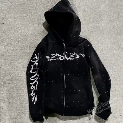 Custom Rhinestone Screen Print Logo No Strings Oversized Hoodie Distressed Heavyweight Cotton Zip up Hoodies Streetwear Hoodie