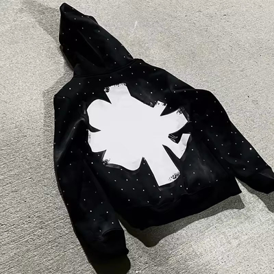 Custom Rhinestone Screen Print Logo No Strings Oversized Hoodie Distressed Heavyweight Cotton Zip up Hoodies Streetwear Hoodie