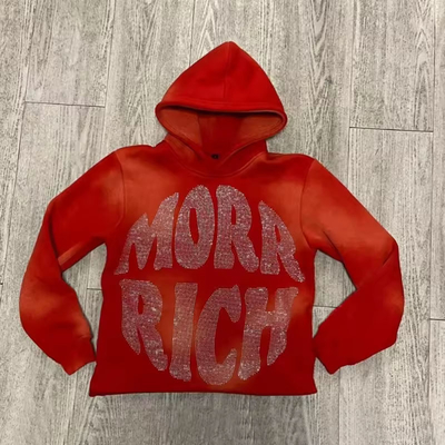 Anti Shrink Rhinestone Logo Hoodie Bottom Cut Edge Unisex Heavyweight Pullover Hoodie
