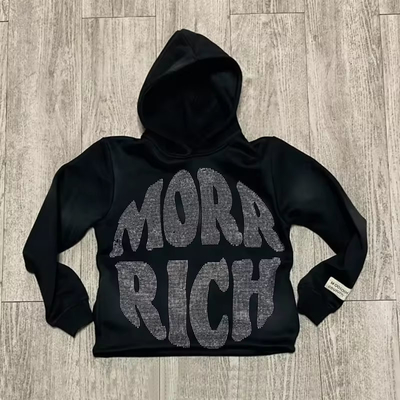 Anti Shrink Rhinestone Logo Hoodie Bottom Cut Edge Unisex Heavyweight Pullover Hoodie