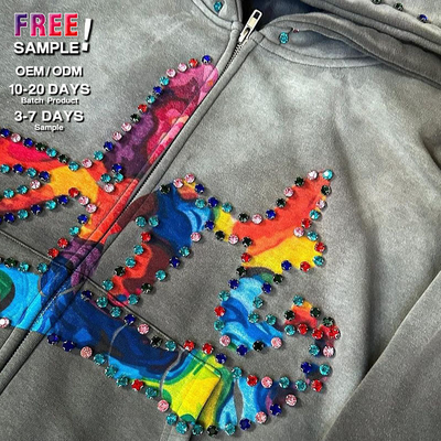 Customizable No String Streetwear Rhinestone Hoodie Zip Up Acid Wash Hoodie Casual