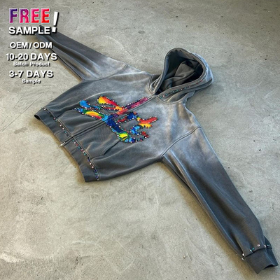 Customizable No String Streetwear Rhinestone Hoodie Zip Up Acid Wash Hoodie Casual
