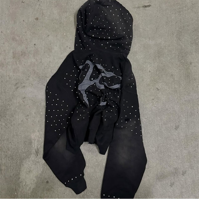 Embroidery Patch Logo Streetwear Mens Hoodies Rhinestone Hooded Sweatshirt