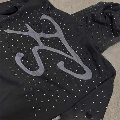 Embroidery Patch Logo Streetwear Mens Hoodies Rhinestone Hooded Sweatshirt