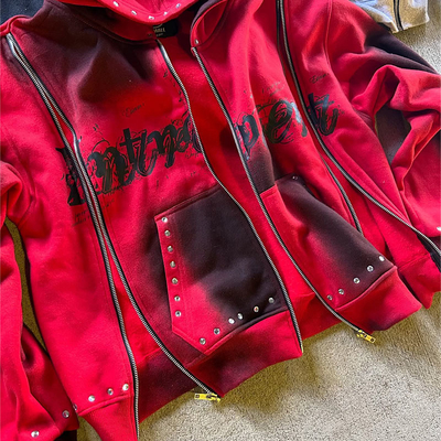 OEM Service Rhinestone Zip Up Hoodie Acid Wash Diamond Red Hoodie 100% Cotton