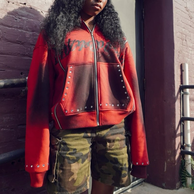 OEM Service Rhinestone Zip Up Hoodie Acid Wash Diamond Red Hoodie 100% Cotton