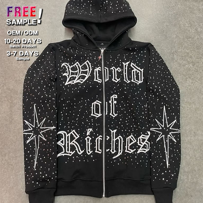 No String Heavy Weight Streetwear Full Zip Hoodie Rhinestone  Silk Screen Printed Logo