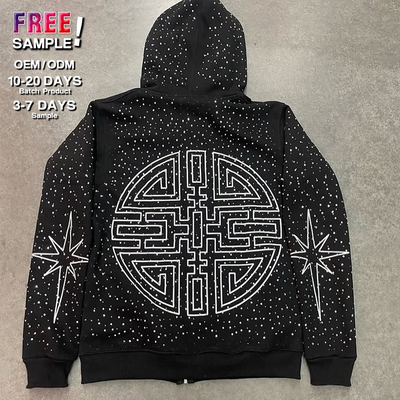 No String Heavy Weight Streetwear Full Zip Hoodie Rhinestone  Silk Screen Printed Logo