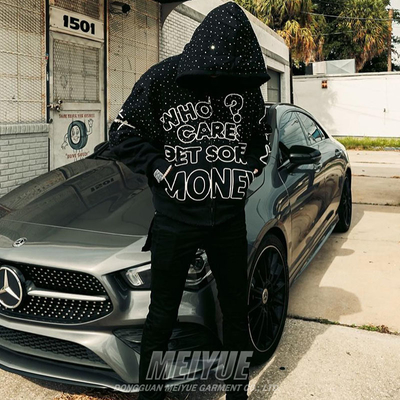 Streetwear Rhinestone Zipper Hoodie Cropped Puff Printing  500 Gsm