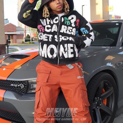 Streetwear Rhinestone Zipper Hoodie Cropped Puff Printing  500 Gsm