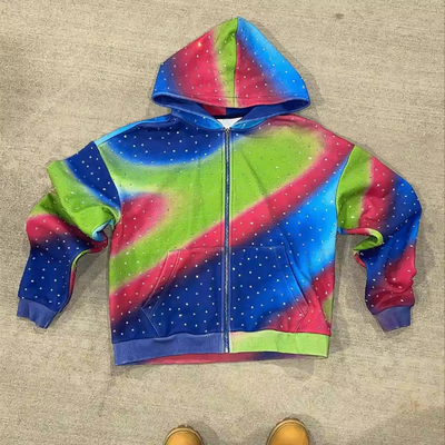 Vintage Oversized Rhinestone Graphic Hoodie No String Spray Painting Sun Faded Hoodie