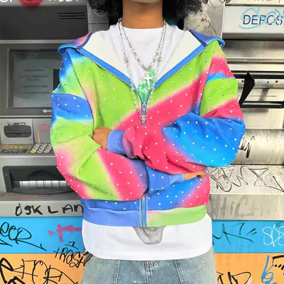 Vintage Oversized Rhinestone Graphic Hoodie No String Spray Painting Sun Faded Hoodie
