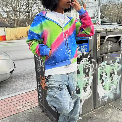 Vintage Oversized Rhinestone Graphic Hoodie No String Spray Painting Sun Faded Hoodie