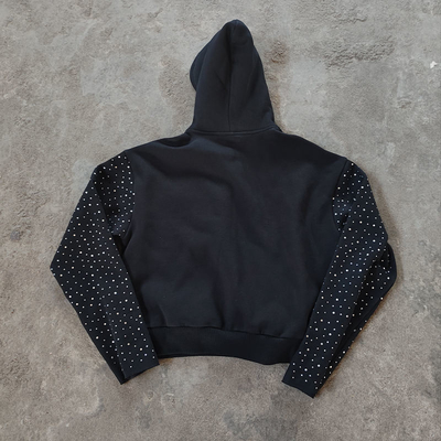Customization Mens Oversized Cropped Hoodie Rhinestone Zip Hoodie Drawstring Design