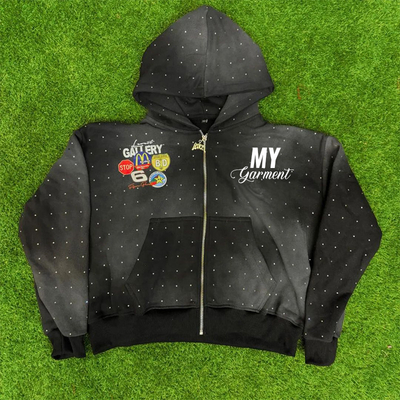 100% Cotton Crop Zip Up Hoodie Embroidery Patches Heavyweight Cool Streetwear Hoodies