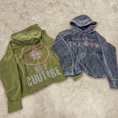 Acid Wash Rhinestone Hoodie Dtg Printed Disstressed Oversized Streetwear Hoodie