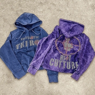 Acid Wash Rhinestone Hoodie Dtg Printed Disstressed Oversized Streetwear Hoodie