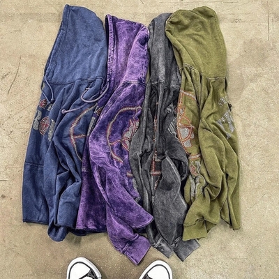 Acid Wash Rhinestone Hoodie Dtg Printed Disstressed Oversized Streetwear Hoodie
