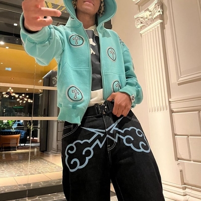 Fashionable Streetwear Rhinestone Hoodie Mens Hip Hop Hoodies Double Layer