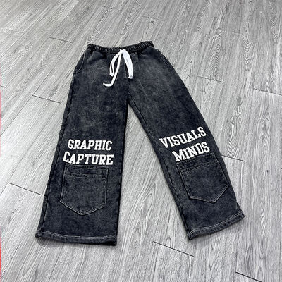 comprar Calças de moletom vintage com lavagem ácida e serigrafia rasgada personalizada, folgadas, bordadas, pernas largas, streetwear, calças de treino flared, calças de treino masculinas Fabricação em linha