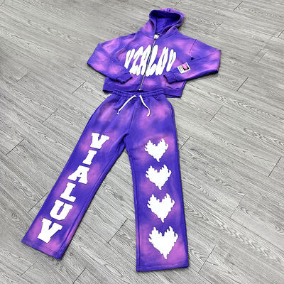 kaufen Custom Applique Stickerei Patch Boxy Zip Up Strass Sonne verblasste Säure gewaschen Hoodie Tracksuits Set Breitbein Sweatpants Set Online-Herstellung