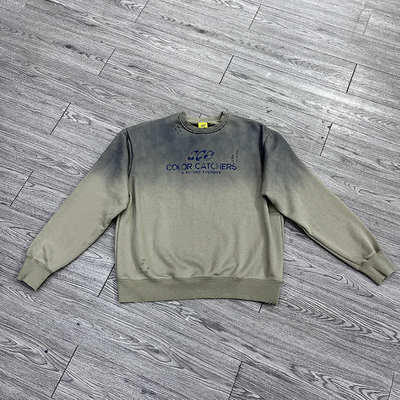 Beli Sweatshirt Sablon Layar Robek Distressed Kustom Leher Kru French Terry Warna Vintage Dicuci Fleece Sweatshirt Pria pembuatan online