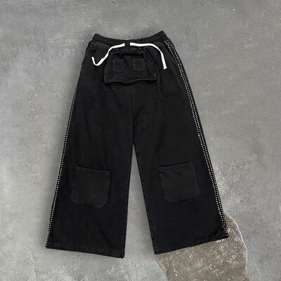 kaufen Custom Logo Baggy Sweatpants 100% Baumwolle Fleece Hosen Strass Schweiß Hosen Breitbein Flared Baggy Sweatpants Jogger Online-Herstellung