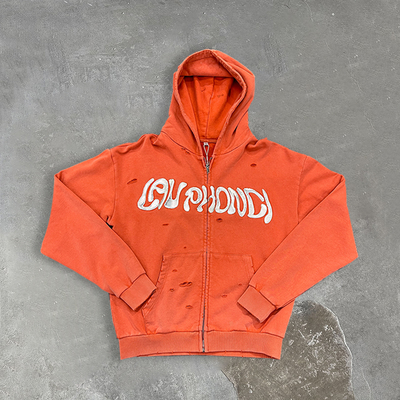 Buy Factory Vintage Sun Faded Washed Thick Cotton Hoodies Custom Logo Men Distressed Oversized Fit Zip up Screen Print Hoodie online manufacture