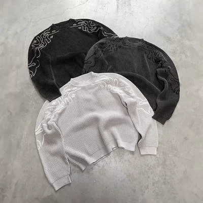 購入 カスタム刺繍ロゴ ニットワッフルスウェットシャツ メンズ 無地 カジュアル 環境に優しい 長袖 プルオーバー Tシャツ スウェットシャツ メーカー オンライン製造