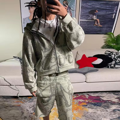 Αγορά Προσαρμοσμένα σετ φόρμας με στρας Zip up 500 GSM Δύο τεμαχίων Boxy Cropped Hoodie Suit Σετ φούτερ και σορτς για άνδρες ηλεκτρονική κατασκευή