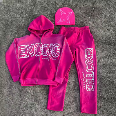 kupować Spersonalizowany dres z efektem sprania, zniszczony, z dżetami, rozpinana bluza z kapturem i spodnie dresowe, zestaw w stylu vintage, dres do joggingu, streetwear produkcja online