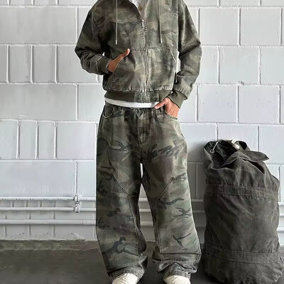 Beli Custom Camo Jacket Baggy Wide Leg Track Pants Sweatpants dan Set Hoodie Kamuflase Zip Up Hoodie Tracksuit untuk Pria pembuatan online