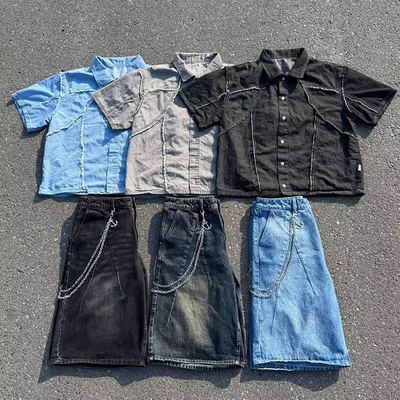 Beli Kemeja 2 Potong Kustom Kancing Atas Set Celana Pendek Denim Rajutan Jahit Katun Boxy Fit Polo t Shirt Celana Pendek Denim Setelan Olahraga untuk Pria pembuatan online
