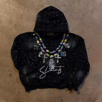 ซื้อ Rhinestone Hoodie Hoodie Acid ล้างขนแกะเฮฟวี่เวทความทุกข์ดวงอาทิตย์จางหายไป การผลิตออนไลน์