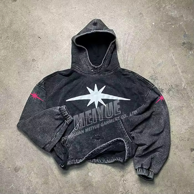 kopen Aangepaste druppel schouder elastische manchet ontwerper hoodie heren denim straatkleding hoodie bijgesneden zuur gewassen vintage boxy hoodie mannen online vervaardiging