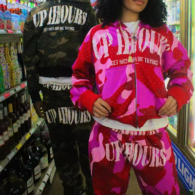 kopen Aangepaste camo -zip -up camouflage gescheurde schermafdruk hoodie streetwear baggy tracksuit van tracksuit van de unisex tracksuit set aanpassen online vervaardiging