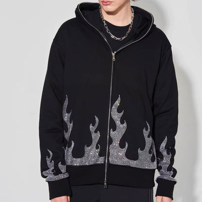 Buy Custom Streetwear Oversized Men's Zip Up Hoodie with Flame Rhinestone Design 330grams French Terry Fabric online manufacture