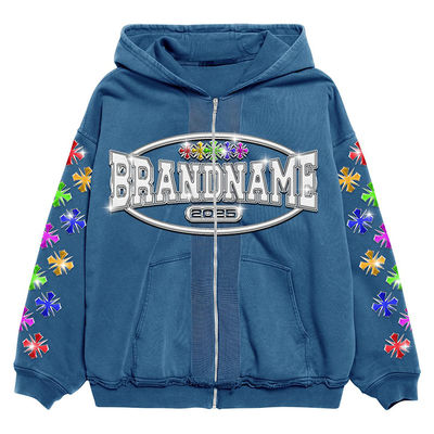 Mua Custom Rhinestone Printing Hoodie zip-up của nam giới với trọng lượng vải 450g và vải vải vải vải đường phố sản xuất trực tuyến