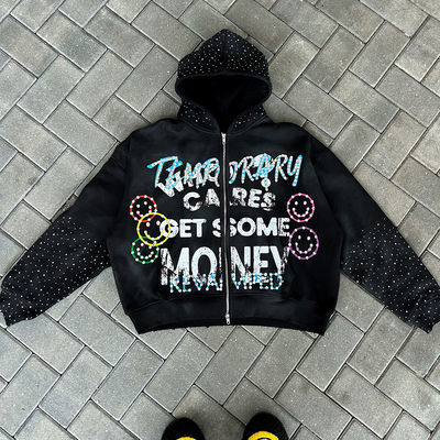 kaufen Custom All Over Rhinestone Säure Waschen 100% Baumwolle Zip-Up Hoodie mit geschnittenem rohen Hem und Siebdruck Online-Herstellung