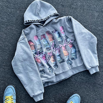 ซื้อ เสื้อฮู้ดโอเวอร์ไซส์ Custom Distressed 100% Cotton French Terry Pullover พร้อมลายสกรีนและชายเสื้อแบบ Ribbed การผลิตออนไลน์