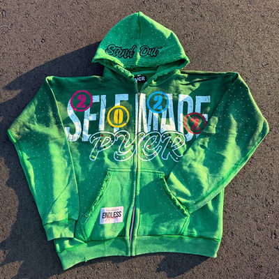 comprare Felpa con cappuccio con zip e ricamo personalizzato con design in strass in cotone organico, vestibilità ampia, stile streetwear fabbricazione online