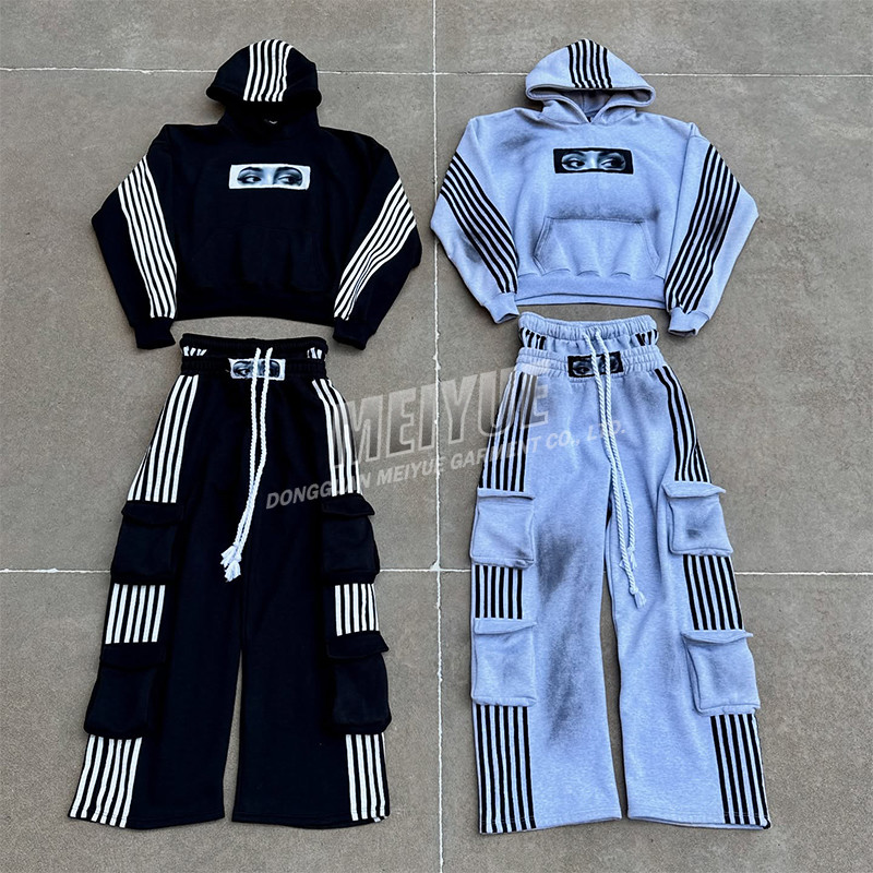 Striped Designer Dirty Streetwear Tracksuit Baggy Cargo Sweatpants And Hoodie Set