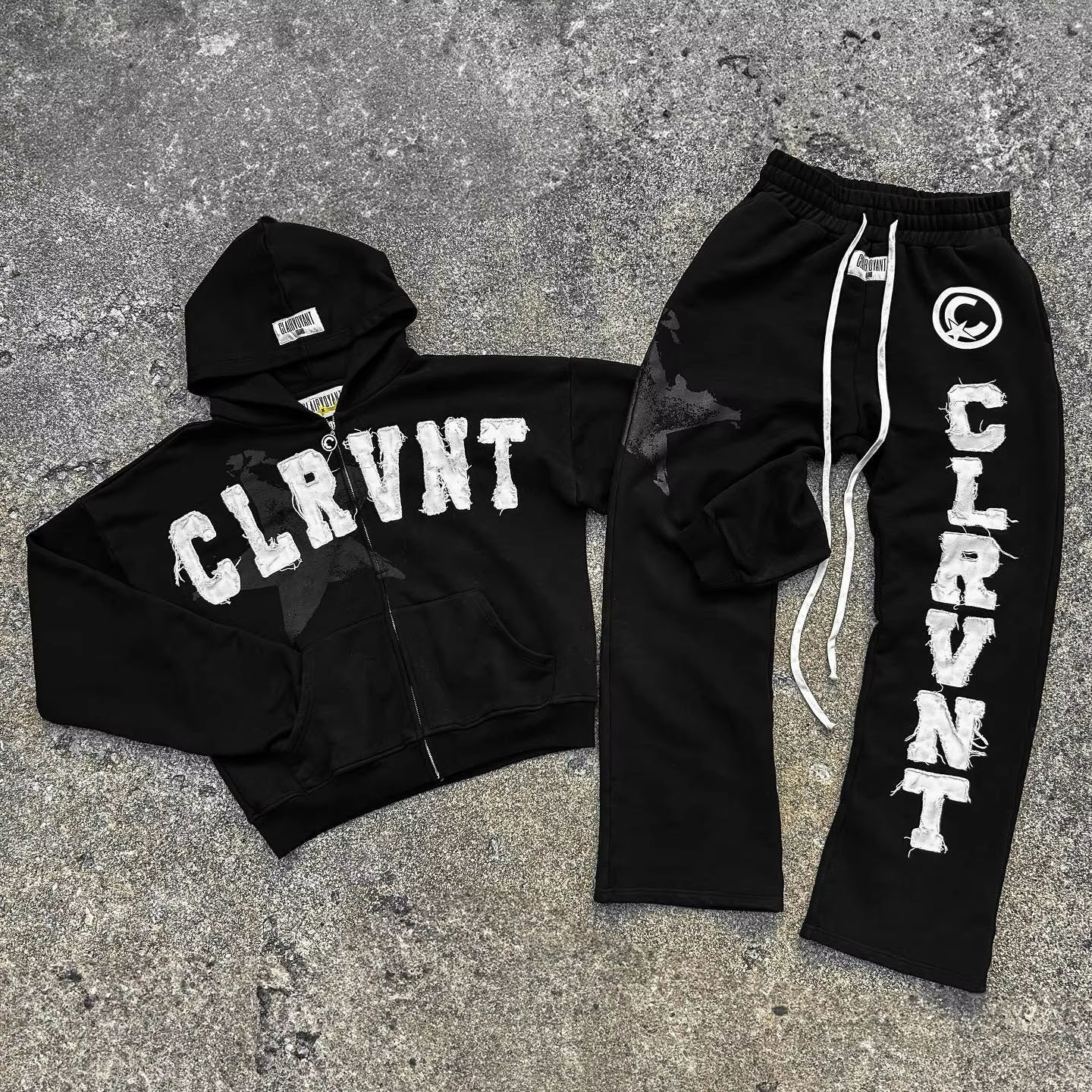 Autumn Mens Streetwear Sweatsuits Two Piece Track Set Applique Distressing Embroidery