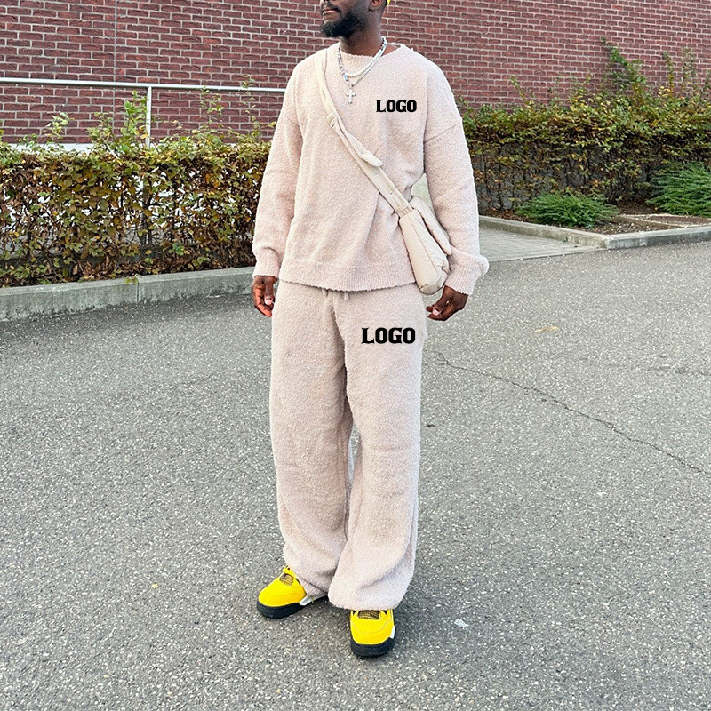 Clothing Manufacturers Jogger Set Winter Mohair Warm Sweatshirt and Baggy Stacked Sweatpants Set Tracksuits for Men Custom Logo